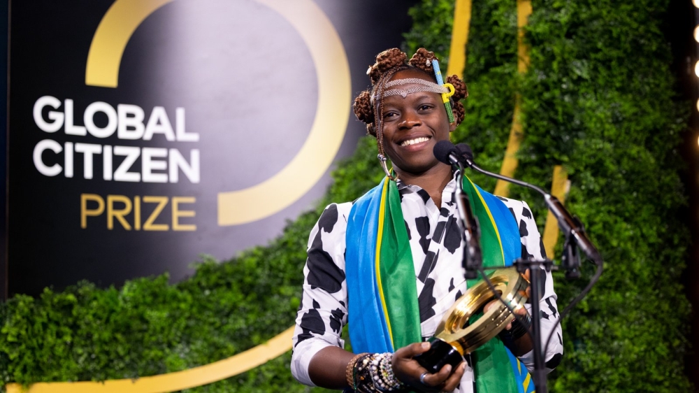 Eco-feminist Ineza Umuhoza Grace, winner of the 2023 Global Citizen Prize Citizen Award, Rwanda, receiving her award at the 2023 Global Citizen Prize ceremony in New York City on April 27,2023.