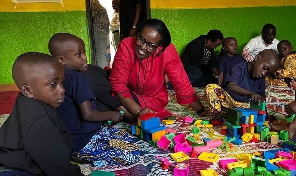 First Lady Jeannette Kagame during her visit in Ngororero, one of the districts affected by floods and landslides earlier this month, on Friday, May 26. Courtesy