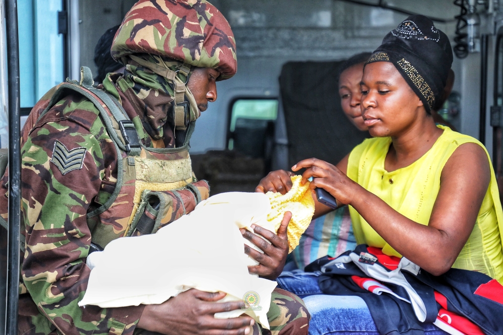 KDF troops serving under EACRF offered medical aid to an expectant lady and took her to a health center where she had a successful delivery.