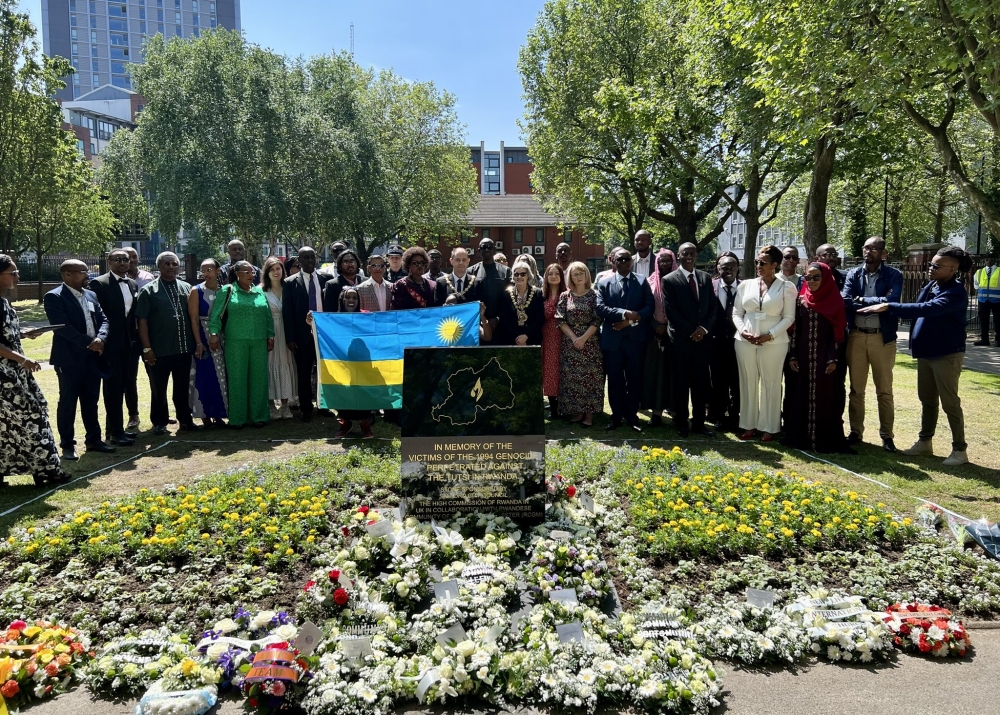 A group photo of the Rwandan Community in Greater Manchester, United Kingdom as they unveil a new memorial stone in Salford City in honour of the victims of the 1994 Genocide against the Tutsi , on Saturday, May 27.