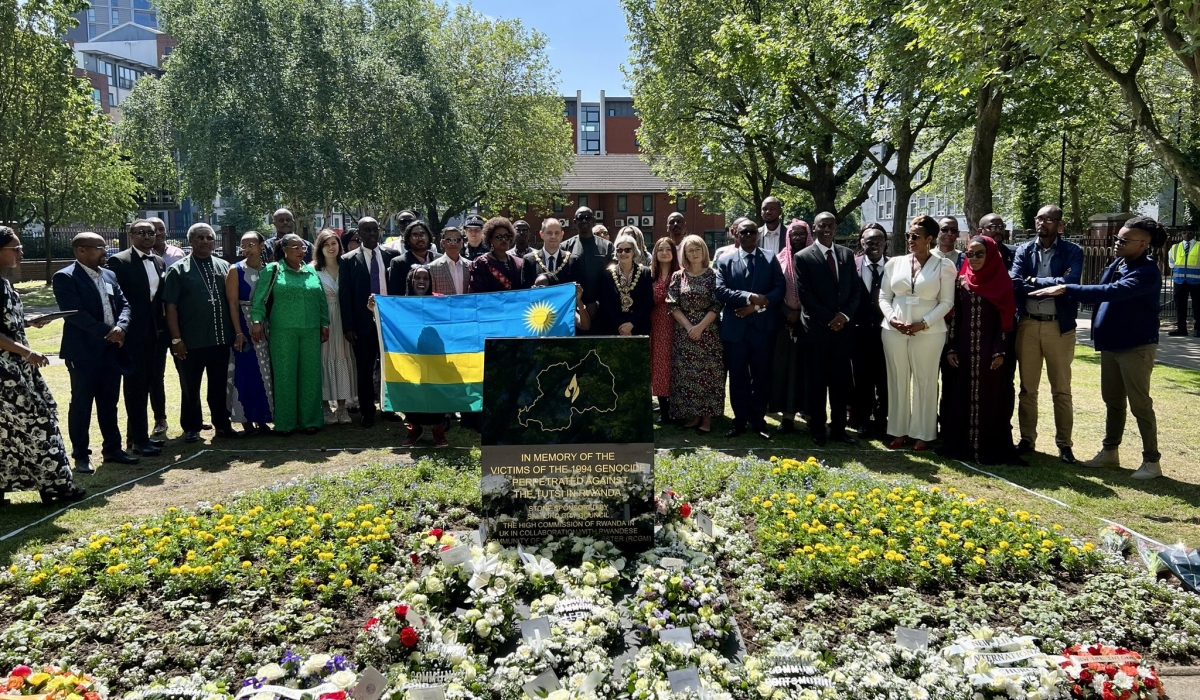 A group photo of the Rwandan Community in Greater Manchester, United Kingdom as they unveil a new memorial stone in Salford City in honour of the victims of the 1994 Genocide against the Tutsi , on Saturday, May 27.