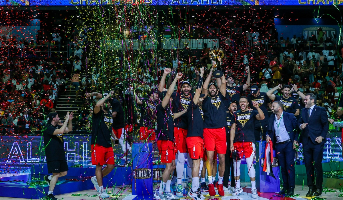 Egyptian giants Al Ahly celebrate to be crowned champions of the 2023 Basketball Africa League after stunning AS Douanes 80-65 in the final at BK Arena on Saturday, May 27. Photo by Olivier Mugwiza