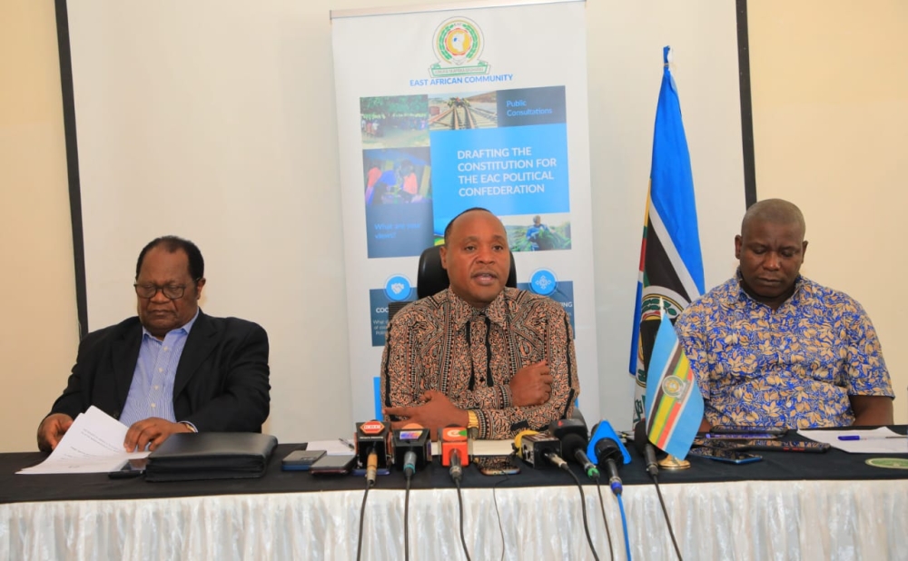 EAC Secretary General Peter Mathuki (C), and Justice Benjamin Odoki the Chairperson of the Committee of Experts tasked with drafting the Constitution for the proposed EAC Political Confederation (L), among speakers at the press conference on May 28, 2023, in Kenya. (Courtesy)