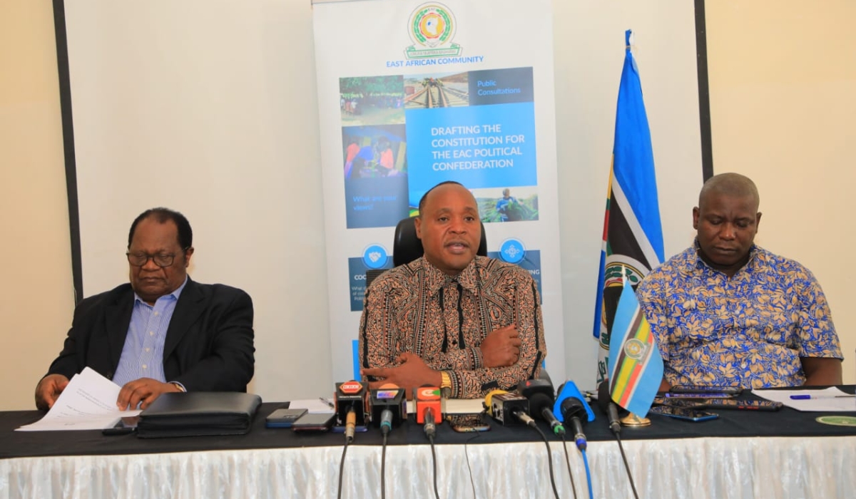 EAC Secretary General Peter Mathuki (C), and Justice Benjamin Odoki the Chairperson of the Committee of Experts tasked with drafting the Constitution for the proposed EAC Political Confederation (L), among speakers at the press conference on May 28, 2023, in Kenya. (Courtesy)