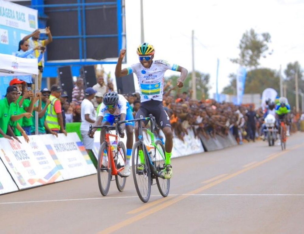 Rider Eric Manizabayo celebrates after winning Sunday’s stage of Akagera Race from Nyagatare to Kayonza. The Benediction Club rider is part of Team Rwanda roster  departing Kigali on Tuesday for the forthcoming Tour du Cameroun due from June 3-11-Courtesy 