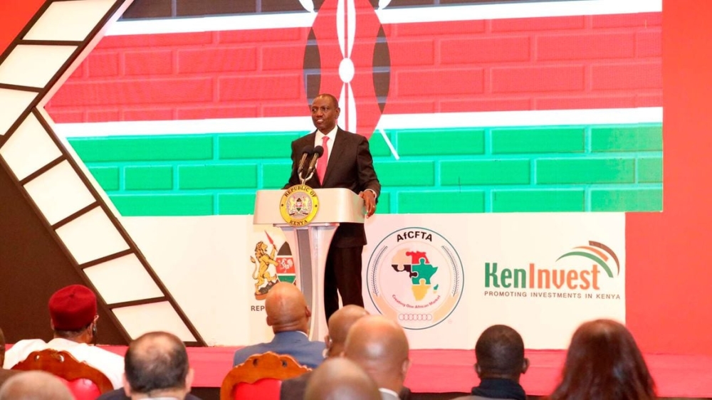 President William Ruto making his remarks during the African private sector dialogue conference on the African Continental free trade area (AFCFTA) at Safari Park Hotel, Nairobi on May 29, 2023. Photo by NMG