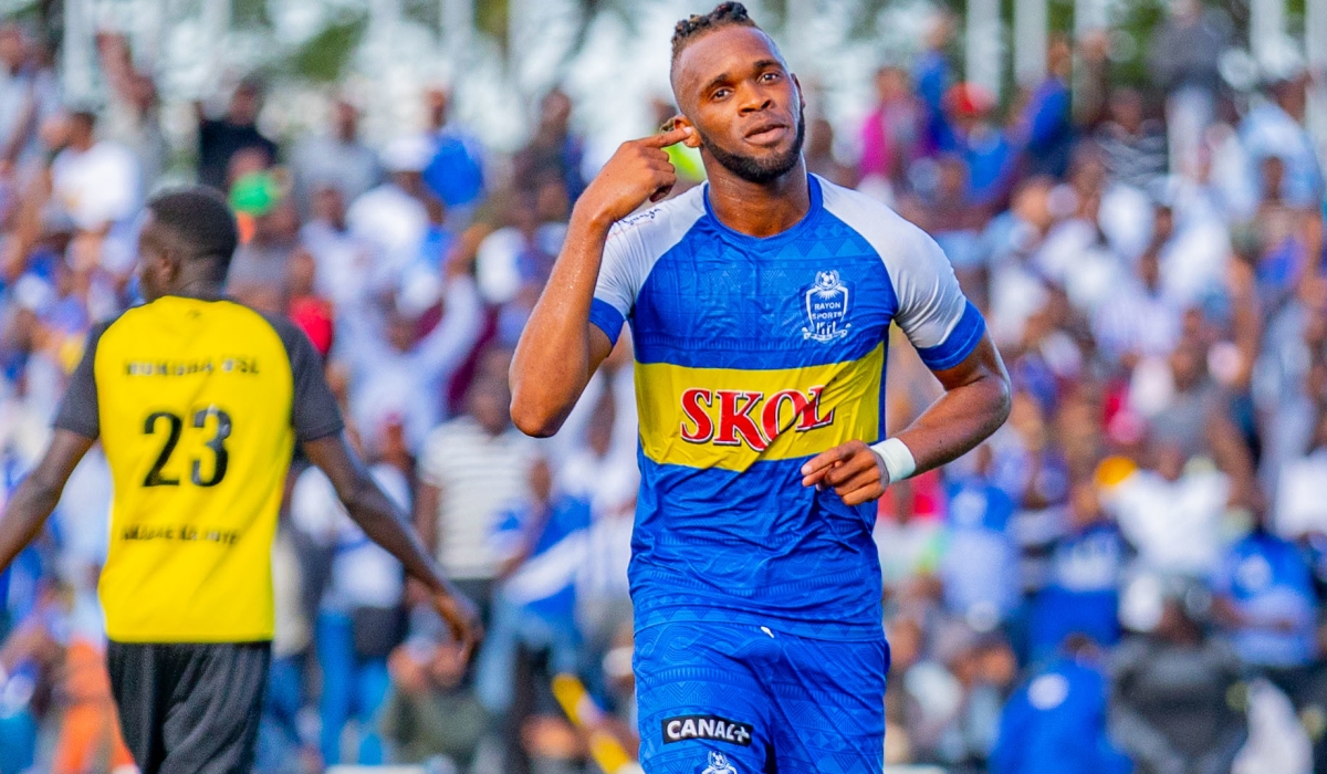 Rayon Sports striker Léandre Willy Esombe Onana celebrates his goal  as the Blues beat Mukura VS during the Peace Cup at Kigali Pele Stadium. Photo by Olivier Mugwiza
