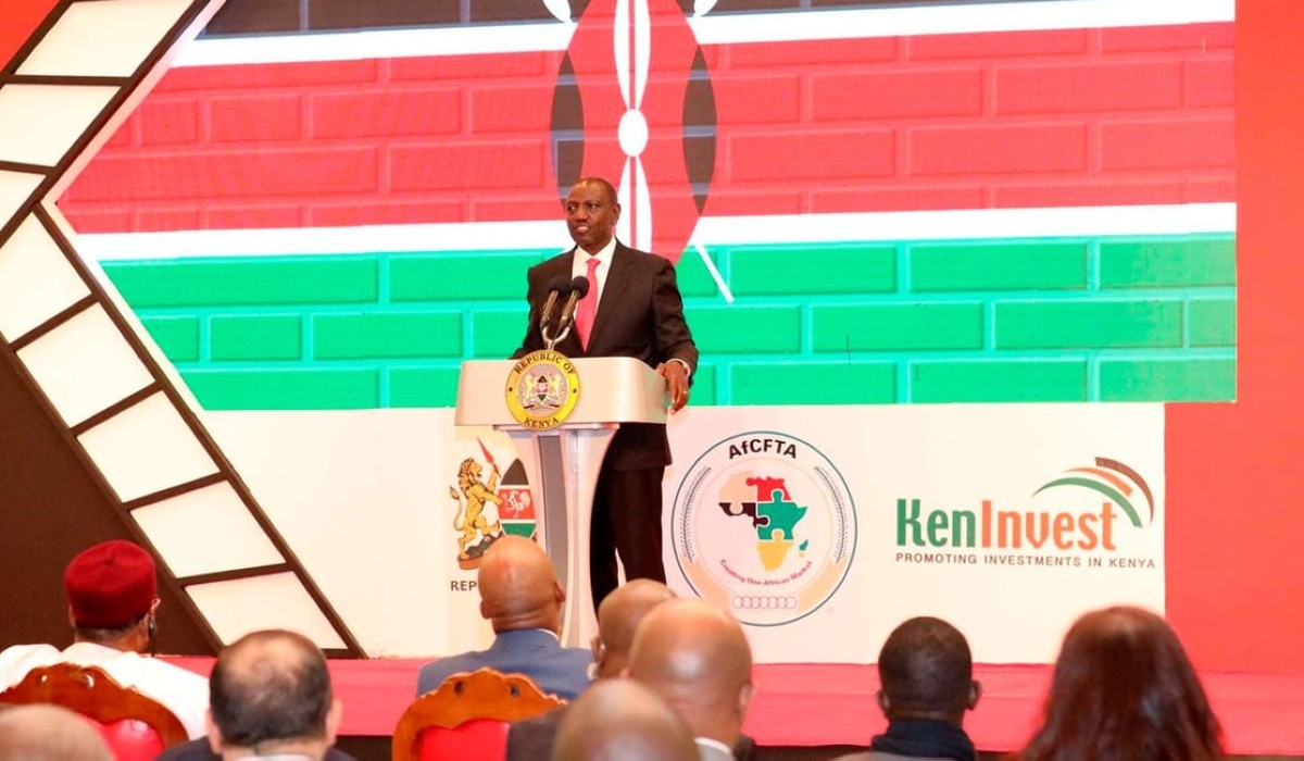 President William Ruto making his remarks during the African private sector dialogue conference on the African Continental free trade area (AFCFTA) at Safari Park Hotel, Nairobi on May 29, 2023. Photo by NMG