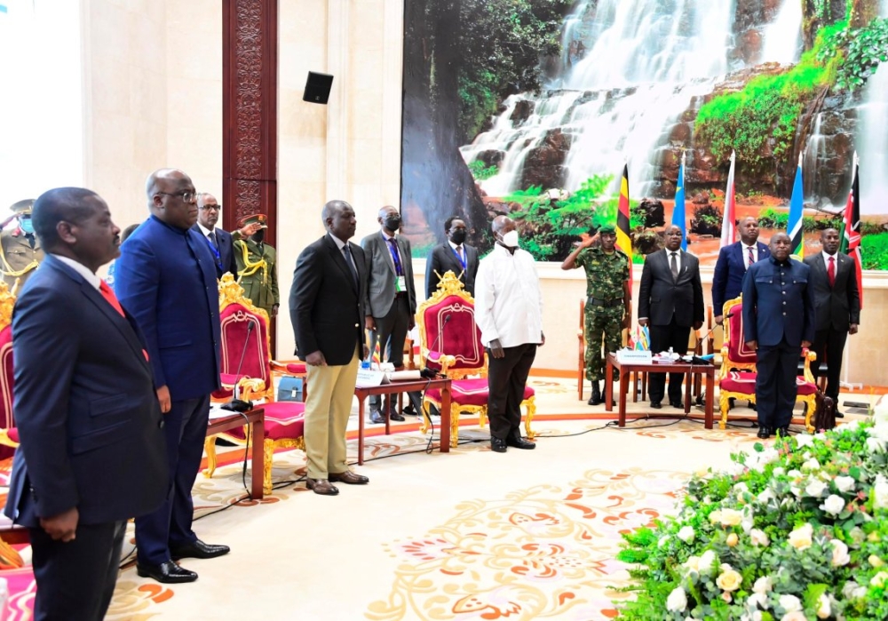 DR Congo’s President Felix Tshisekedi, Kenya’s President William Ruto, Uganda’s President Yoweri Museveni, and Burundi President, Évariste Ndayishimiye, who is also EAC Chairperson, at the 20th Extra-Ordinary Summit of EAC Heads of State, on Saturday, February 4, 2023, in Bujumbura, Burundi. The 21st Extraordinary EAC Heads of State Summit begins on Wednesday, May 31, 2023, in Bujumbura. Courtesy