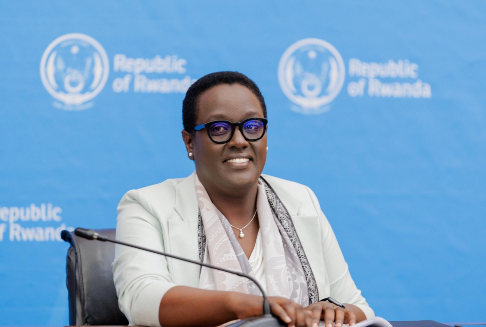The Minister for Emergency Management, Marie Solange Kayisire  during  a news briefing to update journalists on the effort to restore normalcy following the disasters in May. Courtesy
