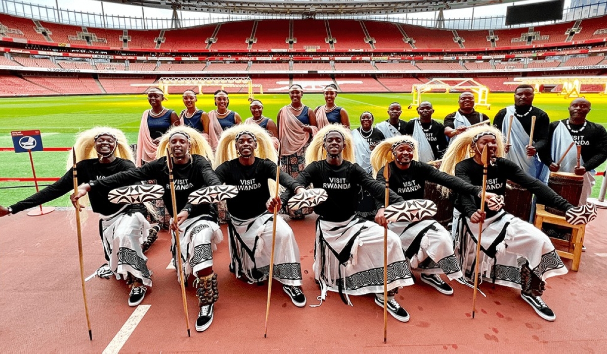 Urukerereza dancers pose for a photo at Emirates Stadium