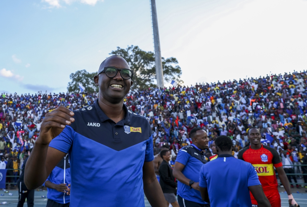 Rayon Sports head coach Francis Haringingo celebrates the 2023 Peace Cup title after beating APR FC 1-0 on Saturday, June 3. Photo by Olivier Mugwiza