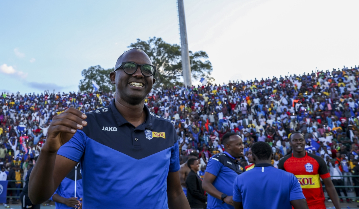 Rayon Sports head coach Francis Haringingo celebrates the 2023 Peace Cup title after beating APR FC 1-0 on Saturday, June 3. Photo by Olivier Mugwiza