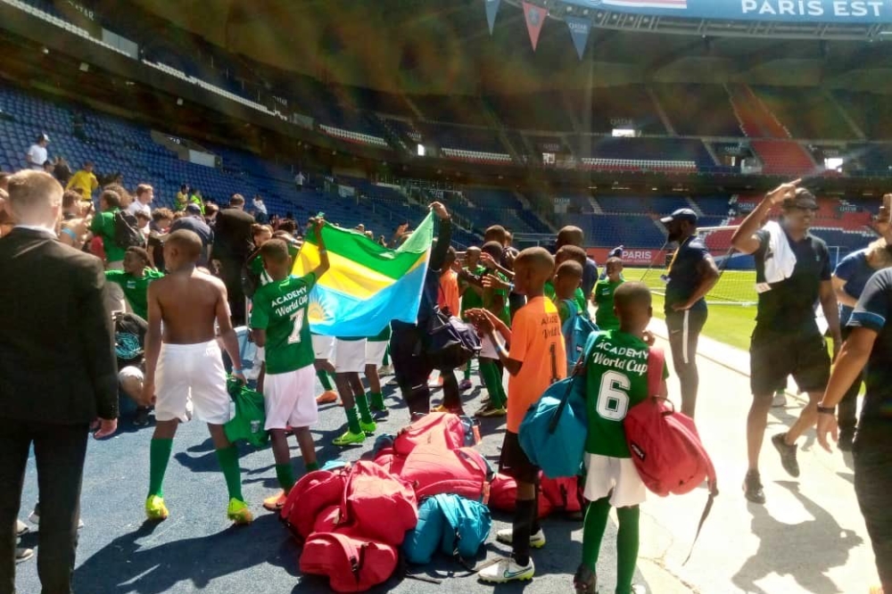 Rwanda’s U11 PSG Academy team celebrate the crucial victory as they defeated Brazil 4-3 on penalty shootouts in a final at Parc de Princes to win  the PSG Academy Club World Cup.Courtesy