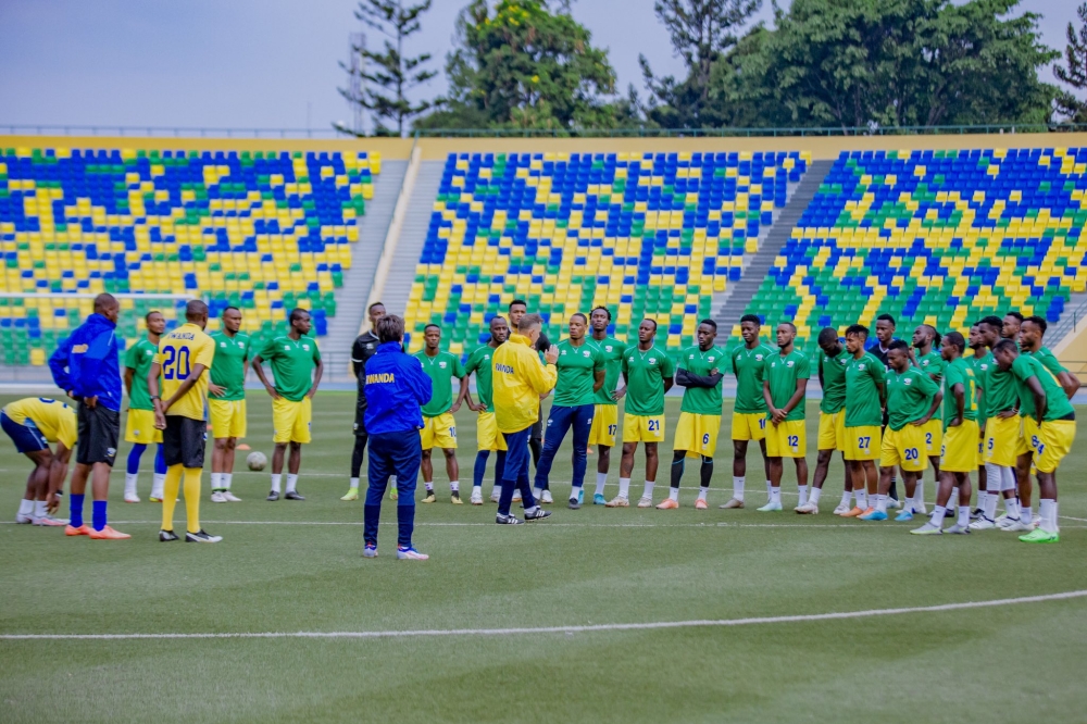 Amavubi players during a past training session at Huye stadium. The team will start a residential camp on Thursday, June 8 ahead of their 2023 Africa Cup of Nations (AFCON) finals against Mozambique