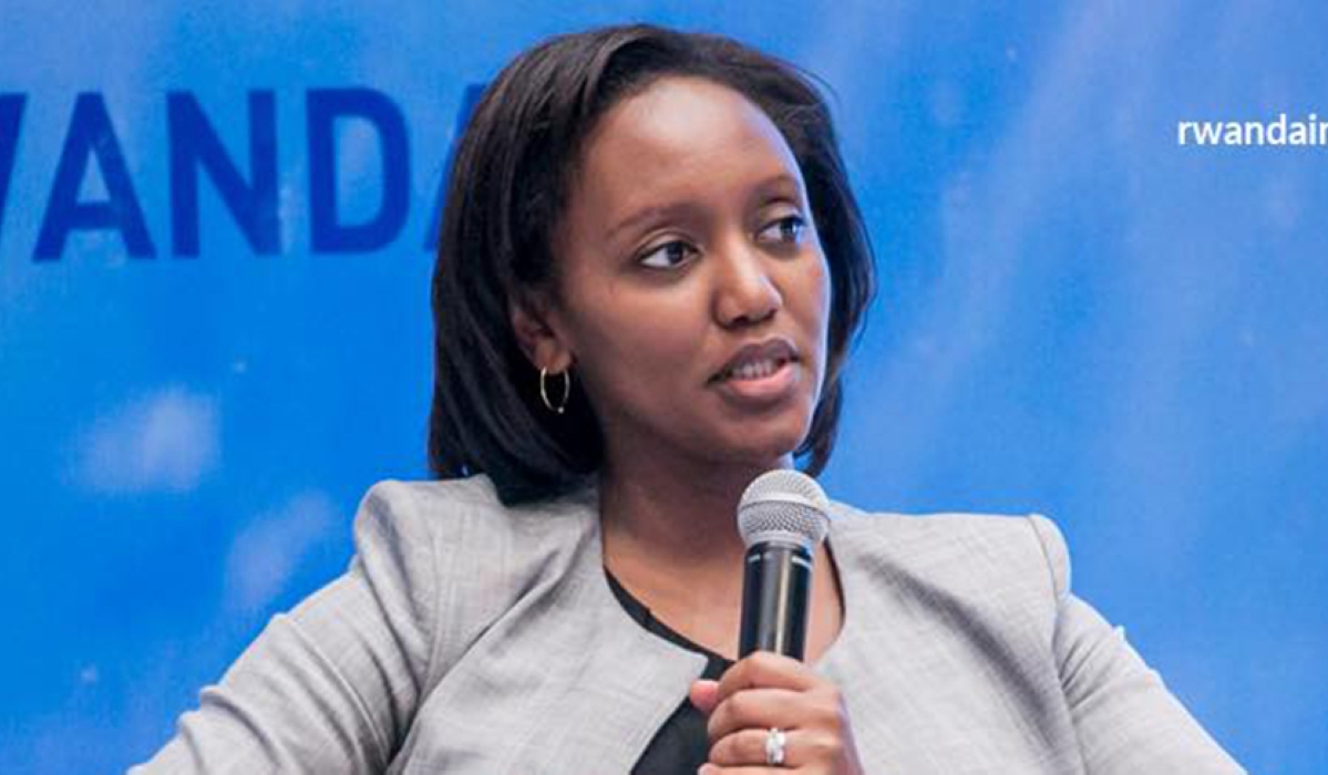 RwandAir&#039;s Chief Executive Officer Yvonne Manzi Makolo speaks during a meeting. Courtesy