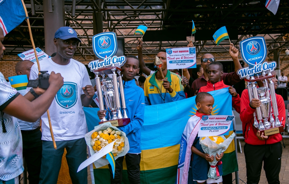 Paris Saint Germain Academy Rwanda youngsters were accorded a fanfare reception at Kigali International Airport on Wednesday , June 7. Photo by Christianne Murengerantwari