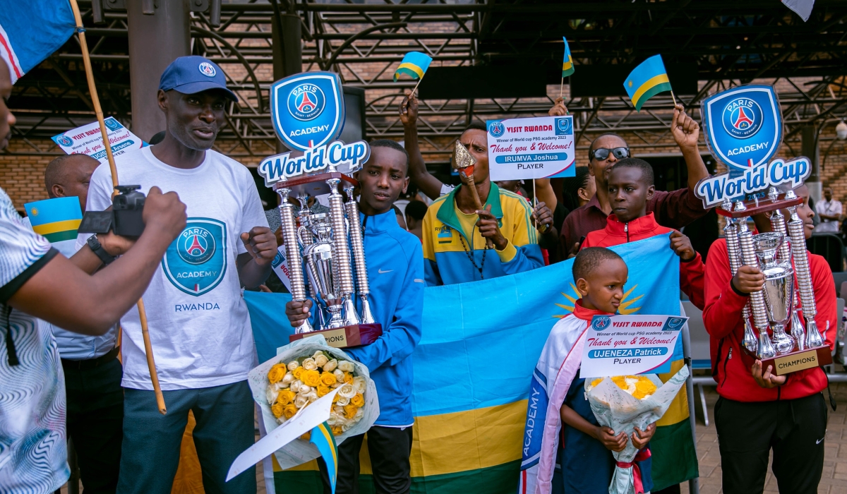 Paris Saint Germain Academy Rwanda youngsters were accorded a fanfare reception at Kigali International Airport on Wednesday , June 7. Photo by Christianne Murengerantwari