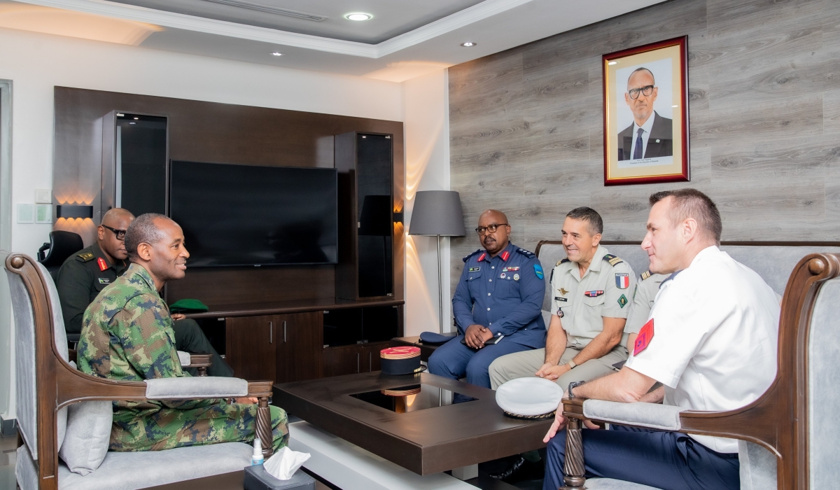 RDF  Chief of Defence Staff  Lt Gen Mubarakh Muganga meets a delegation from the French Armed Forces (FAF) led by Brig Gen Fabien Kuzniak, Head of Southern Bilateral Cooperation Department at RDF Headquarters at Kimihurura on Thursday, June 8.Courtesy