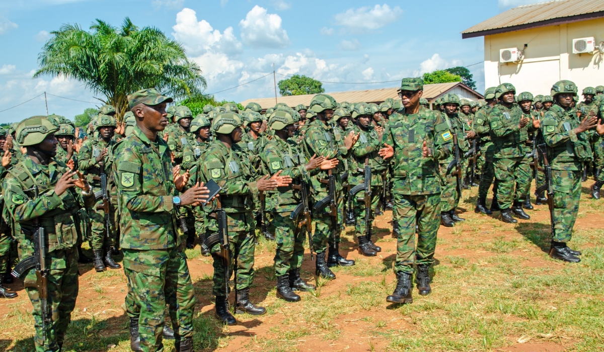 Gen James Kabarebe, the Senior Defence and Security Advisor to President meets with Rwanda Security Forces in Bangui, Central African Republic on June 8. Courtesy