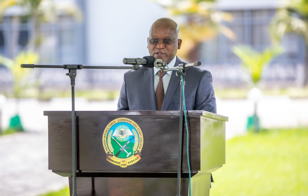 Minister of Defence Juvenal Marizamunda delivers remarks during the graduation event at Nyakinama. Minister of Defence Juvenal Marizamunda delivers remarks during the graduation event at Nyakinama.