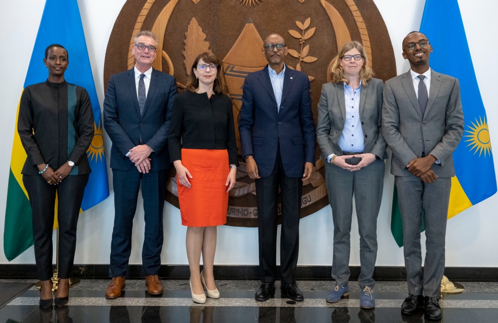 President Paul Kagame receives a delegation of Volkswagen Group Executives who are in Rwanda for the 5th anniversary of Volkswagen partnership with Rwanda, at his office in Kigali, on June 9, 2023 (Village Urugwiro).