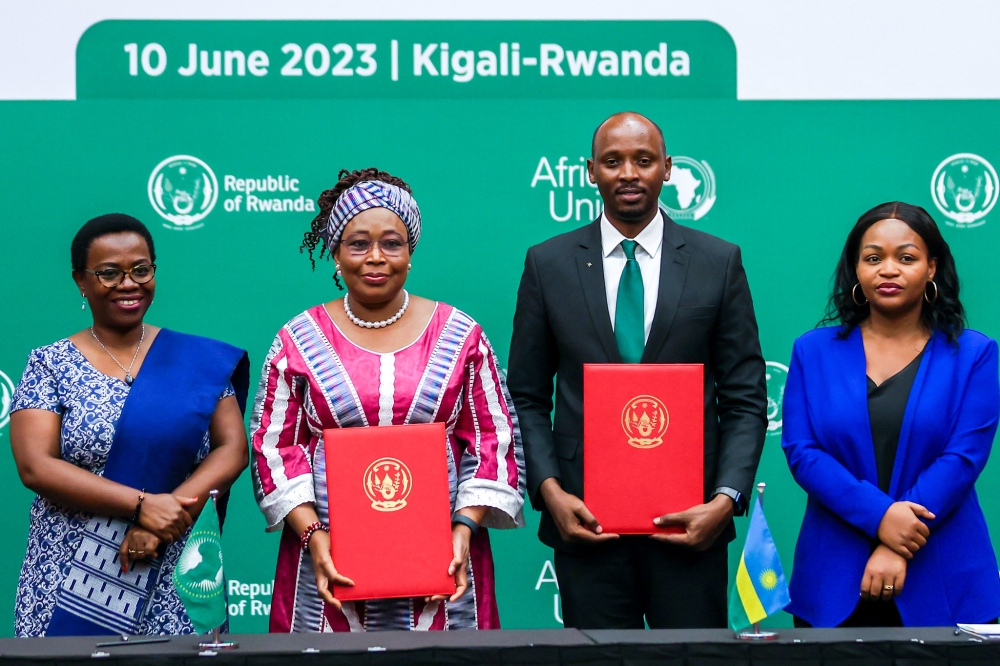 (L-R) Monique Nsanzabaganwa, Deputy Chairperson of the African Union Commission, the AU Commissioner for Health, Humanitarian Affairs, and Social Development, Minata Samate Cessouma, Health Minister Dr. Sabin Nsanzimana and Permanent Secretary at MINAFETT, Clementine Mukeka during the signing event in Kigali. Photos by Olivier Mugwiza (L-R) Monique Nsanzabaganwa, Deputy Chairperson of the African Union Commission, the AU Commissioner for Health, Humanitarian Affairs, and Social Development, Minata Samate Cessouma, Health Minister Dr. Sabin Nsanzimana and Permanent Secretary at MINAFETT, Clementine Mukeka during the signing event in Kigali. Photos by Olivier Mugwiza