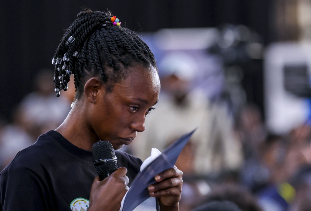 Chantal Umuhoza shares her testimony during Igihango cy&#039;Urungano, an annual forum that commemorates the youth killed during the 1994 Genocide against the Tutsi, in Gisagara District on Friday, June 9.Photos by Olivier Mugwiza