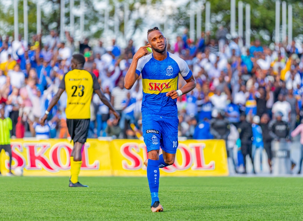 Cameroonian forward Leandre Willy Onana Essomba celebrates a goal during a Peace Cup game against Mukura. The Blues&#039; icon is on the verge of sealing a sensational move to Tanzanian giants Simba SC. Olivier Mugwiza