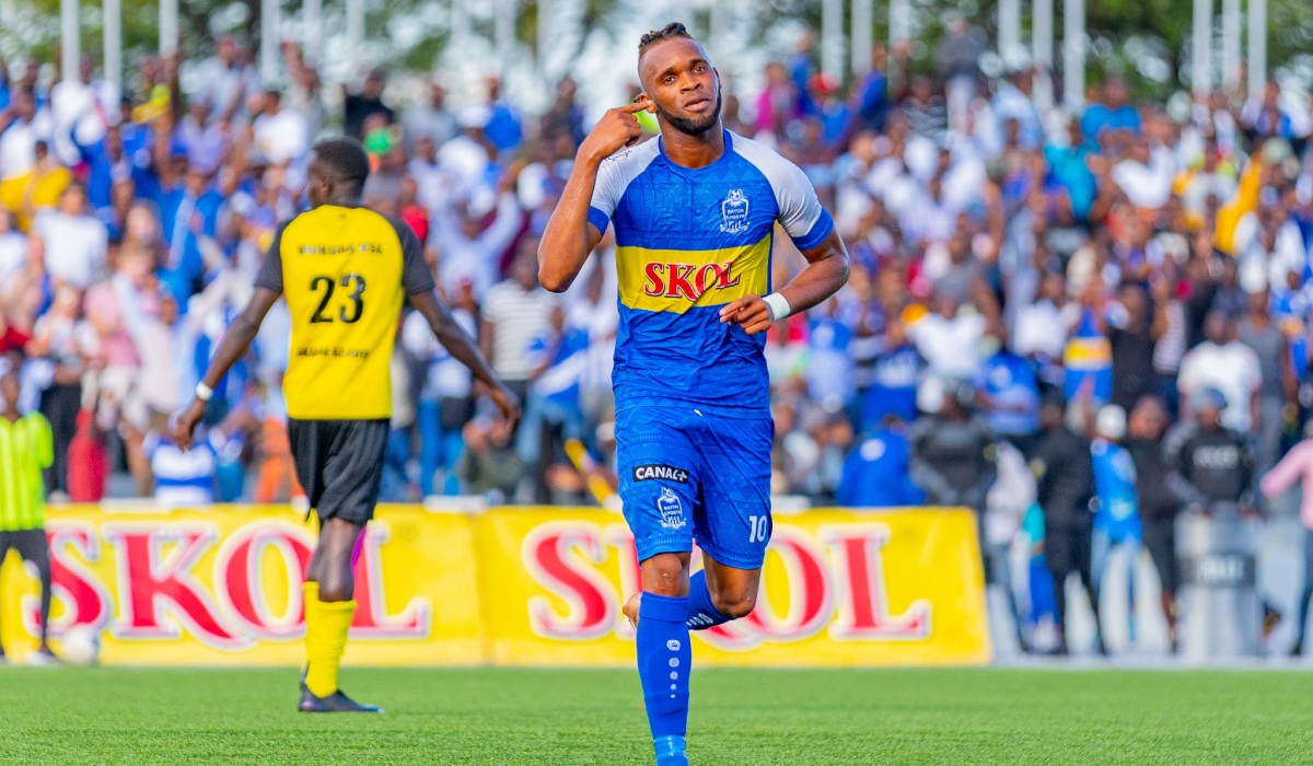 Cameroonian forward Leandre Willy Onana Essomba celebrates a goal during a Peace Cup game against Mukura. The Blues&#039; icon is on the verge of sealing a sensational move to Tanzanian giants Simba SC. Olivier Mugwiza