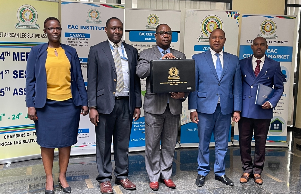 (From L-R): The EAC budget officer, Beatrice Jerono Rono; the Counsel to the East African Community,  Anthony Luyirika Kafumbe; the Chairperson of the EAC Council of Ministers, Ezéchiel Nibigira;   the EAC Secretary General Peter Mathuki; and the  EAC Director of Finance, Juvenal Ndimurirwo, present the bloc&#039;s budget, on June 13, 2023, in Arusha, Tanzania (Emmanuel Ntirenganya). 