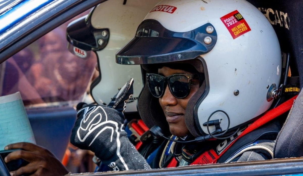 Queen Kalimpinya, a fast-rising rally driver and former finalist in Miss Rwanda beauty pageant during the competition. Photo by Igihe.com