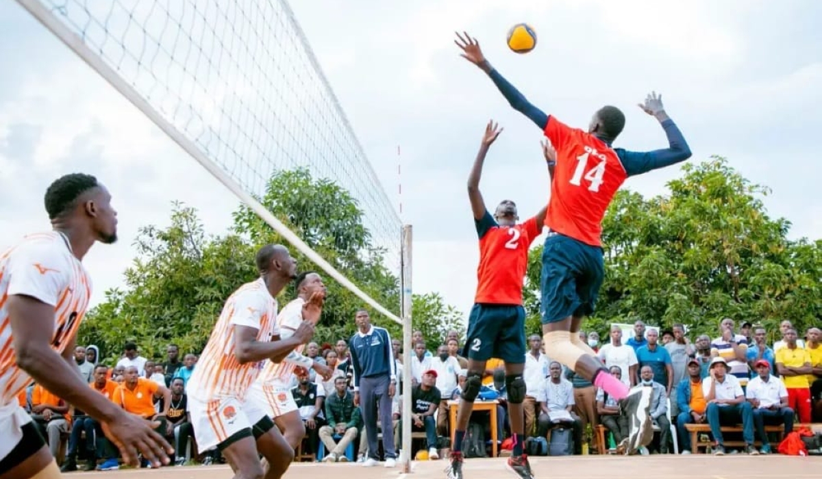 REG Volleyball players in action as they face Gisagara Volleyball Club in a past game.  Kwibuka  volleyball tournament slated for June 24-25. Courtesy
