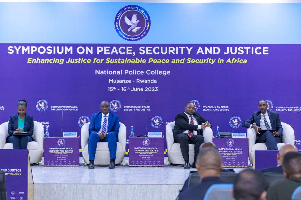 The moderator, Charity Wibabara, Prosecutor General Aimable Havugiyaremye, Busingye Kibumba of Makerere University and Alphonse Muleefu, the acting Principal CASS-UR. The panel discussed on &#039;justice in Africa; past and current status.&#039;