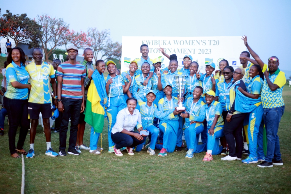 Rwanda women celebrate their first ever Kwibuka T20 title after beating Uganda by 6 wickets in the final held at Gahanga Cricket Stadium on Saturday-courtesy