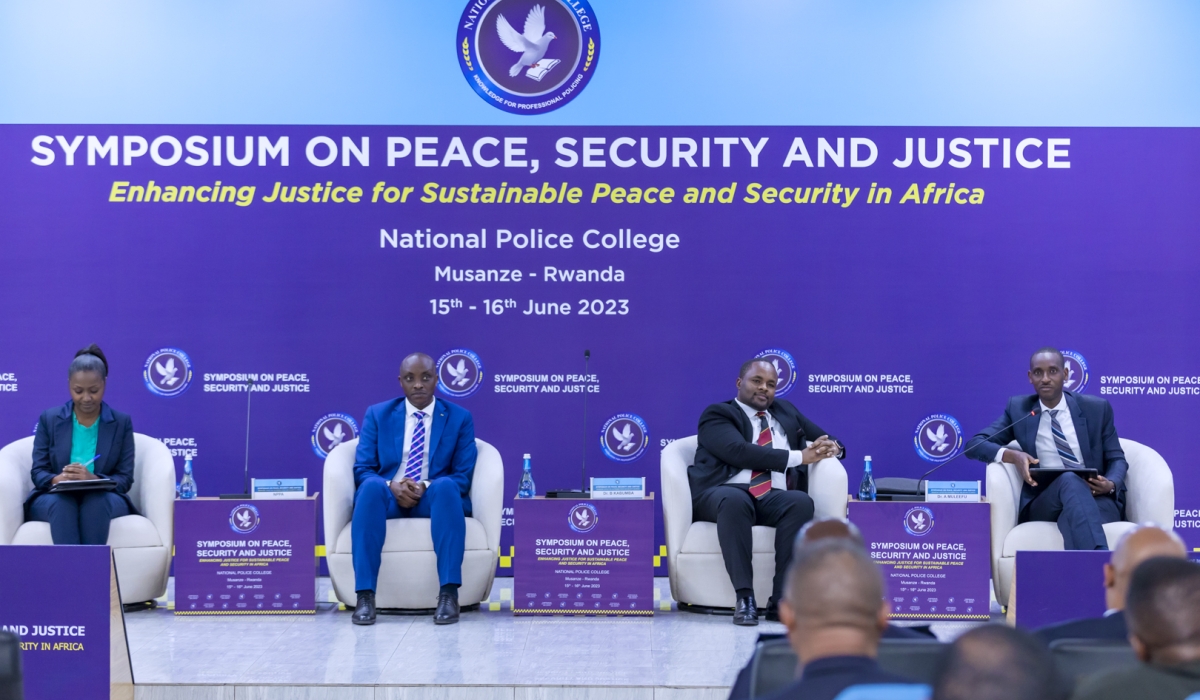 The moderator, Charity Wibabara, Prosecutor General Aimable Havugiyaremye, Busingye Kibumba of Makerere University and Alphonse Muleefu, the acting Principal CASS-UR. The panel discussed on &#039;justice in Africa; past and current status.&#039;