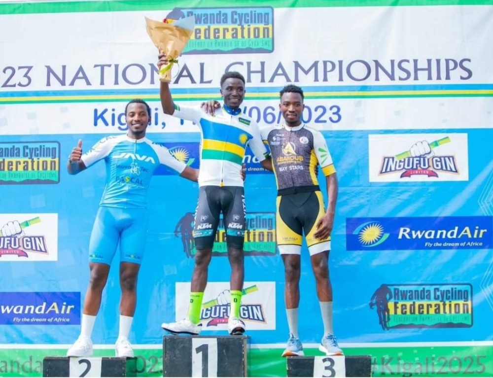 Benediction Club’s Patrick Byukusenge celebrates after winning the 2023 national road race championship  on Sunday  18. Courtesy