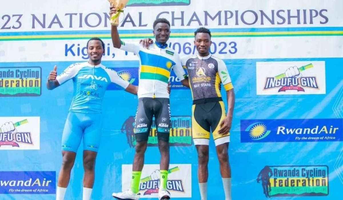 Benediction Club’s Patrick Byukusenge celebrates after winning the 2023 national road race championship  on Sunday  18. Courtesy