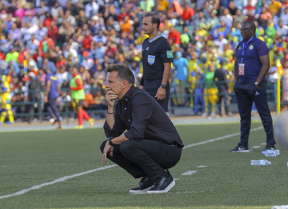 Rwanda&#039;s head coach Carlos looks so disappointed as Mozambican side scores the first goal in the first half at Huye Stadium. Olivier Mugwiza