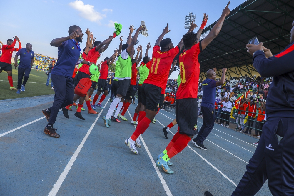 Mozambican players celebrate the 2-0 win against Rwanda. The result saw the visitors reclaim their Group L second position with 7 points. Photo by Olivier Mugwiza