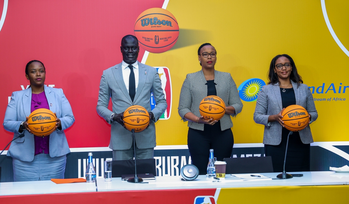 L-R: Rwanda Development Board (RDB) CEO Clare Akamanzi, BAL President Amadou Gallo Fall, Minister of Sports Aurore Mimosa Munyangaju and RwandAir CEO Yvonne Manzi Makolo after signing the Rwanda-BAL multi-year partnership extension in Kigali on Monday, June 19. All photos by Olivier Mugwiza