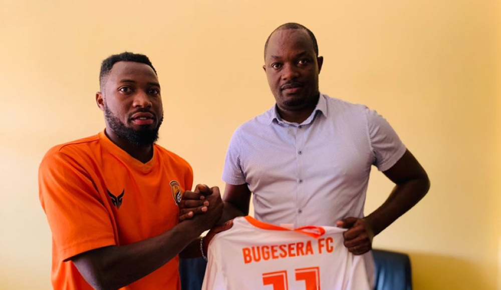Former Police FC goalkeeper Gahungu Habarurema during the signing event to join Bugesera FC . Courtesy