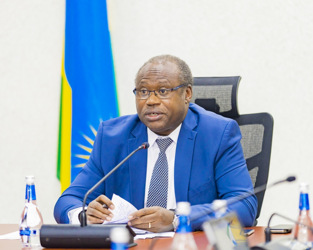 Minister for Finance and Economic Planning, Uzziel Ndagijimana addresses journalists while  releasing Gross Domestic Product (GDP) figures for the first quarter of 2023, on Monday, June 19. Courtesy