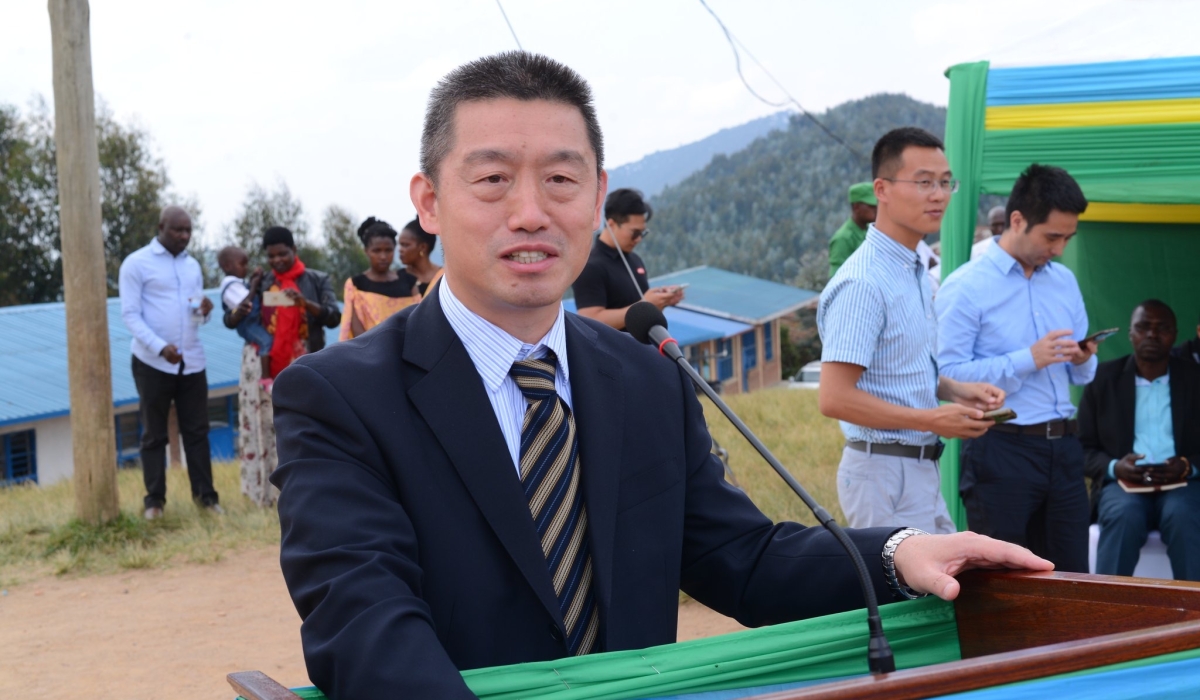 Chinese Ambassador to Rwanda Wang Xuekun while delivering his speech at GS St. Paul Rurembo School during the charity event