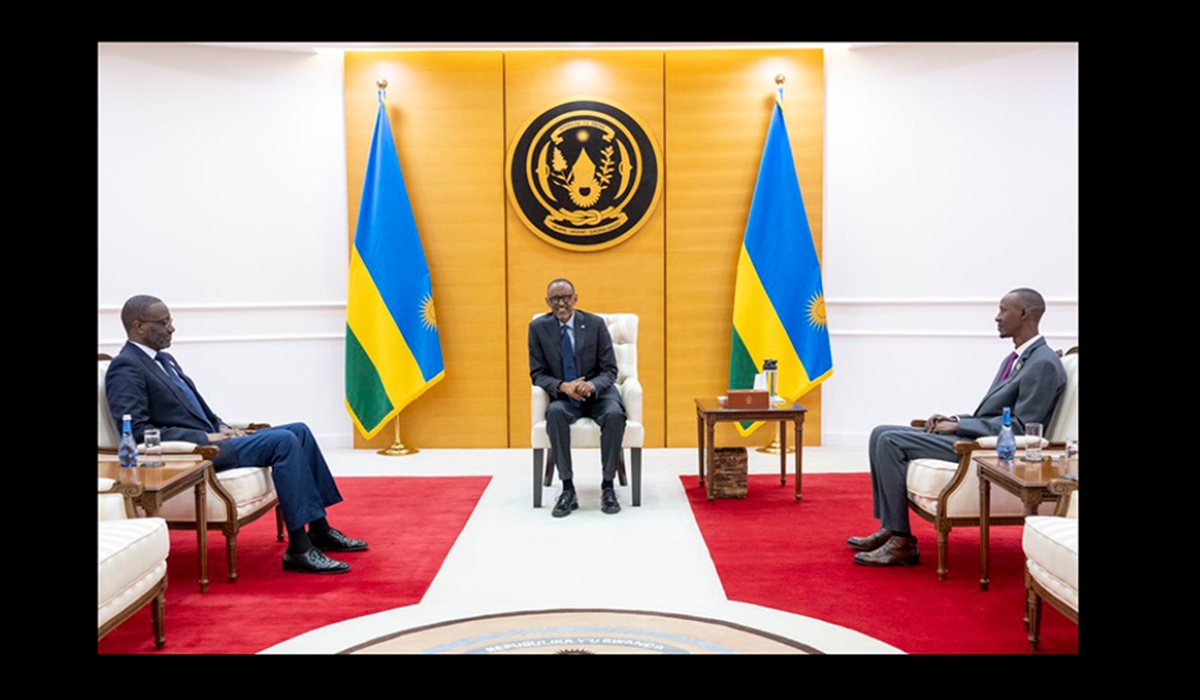 President Paul Kagame  meets with Tidjane Thiam, Chairman of the Kigali International Financial Centre and Nick Barigye the CEO of KIFC  in Kigali, on Tuesday, June 20. Photo by Village Urugwiro