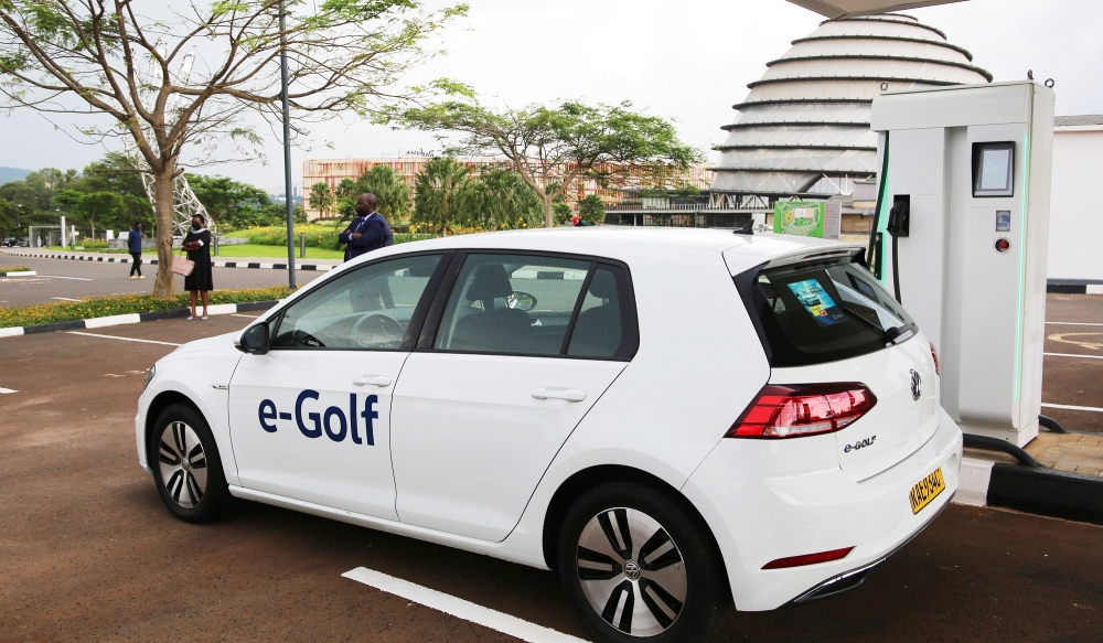 An electric car at a charging station at Kigali Convention Centre on  March 30,2021. To accelerate the transition to Electric Vehicles and reduce greenhouse gas emissions from vehicle transportation, incentives on electric and hybrid vehicles and Electric motorcycles to pay an import duty rate of zero will be extended. Photo by Craish Bahizi