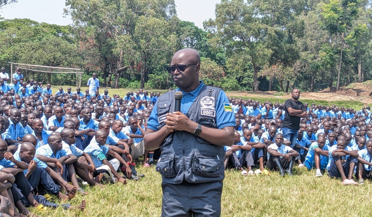 Rwanda Investigation Bureau  Secretary General Jeannot Ruhunga addresses over 5000 youths undergoing rehabilitation at the Iwawa Rehabilitation Centre  on June 17. Courtesy