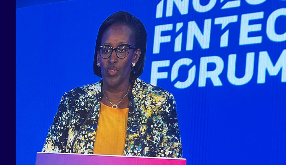 First Lady Jeannette Kagame addresses delegates at the inaugural FinTech Forum during a session on, “Business Case for women in FinTech,” on June 21. Courtesy