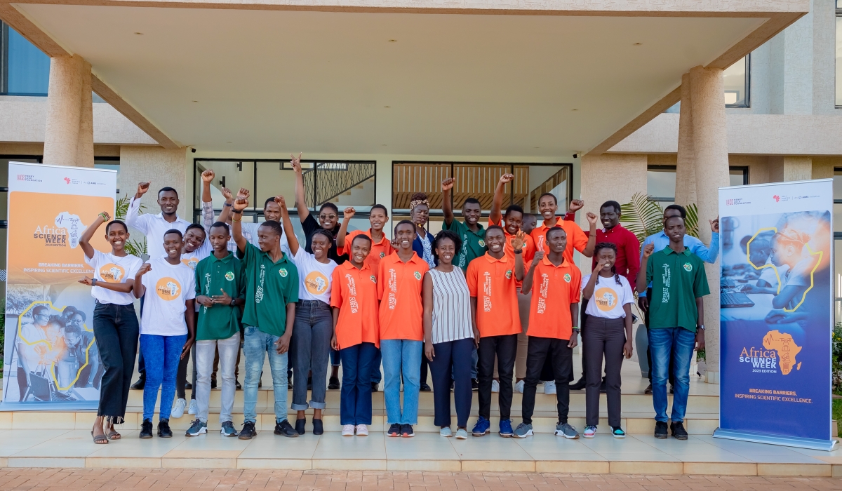 Participants pose for a photo during the celebration of Next Einstein Forum&#039;s Africa Science Week at Agahozo Shalom Youth Village.