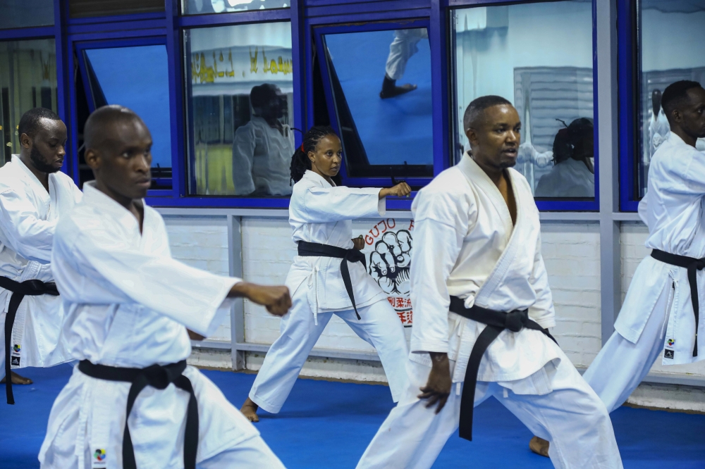 Delphine Ortha Uwase, a businesswoman with various talents in martial arts and acting, during a training session. Photos: Christianne Murengerantwari.